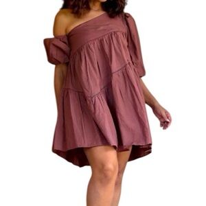 Altar'd State One-Shoulder Tiered Linen and Cotton Blend Mini Dress Xs In brown